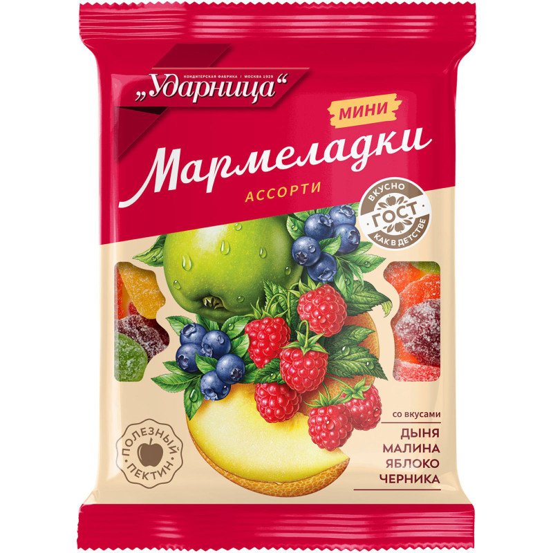 Мармелад Ударница Ассорти со вкусами Дыни-Малины-Яблока-Черники, 275г