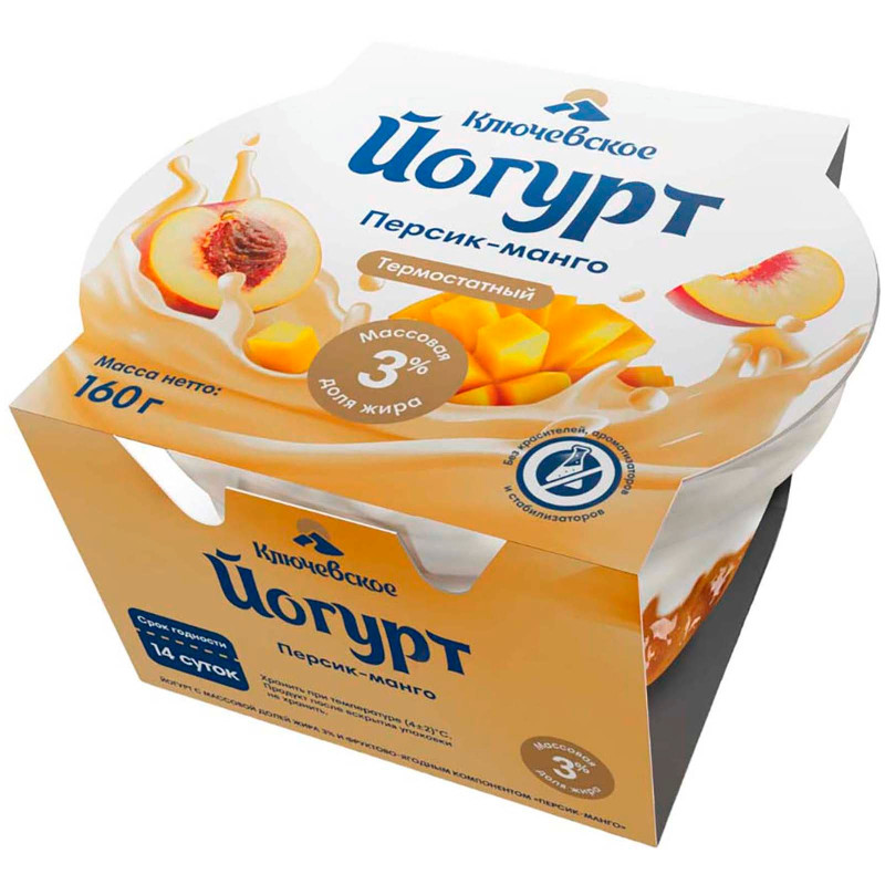 Йогурт Ключевское Персик-Манго термостатный с фруктово-ягодными компонентами 3%, 160г — фото 1