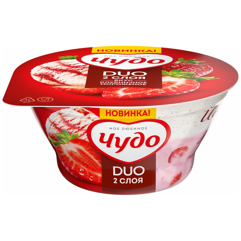 Крем творожный Чудо DUO клубничное мороженое с кисломолочным йогуртным муссом со вкусом ванили 5.1%, 110г