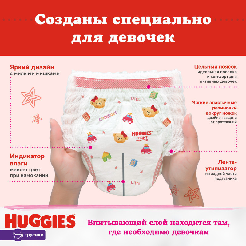 Подгузники-трусики Huggies для девочек р.6 16-2кг, 44шт — фото 4