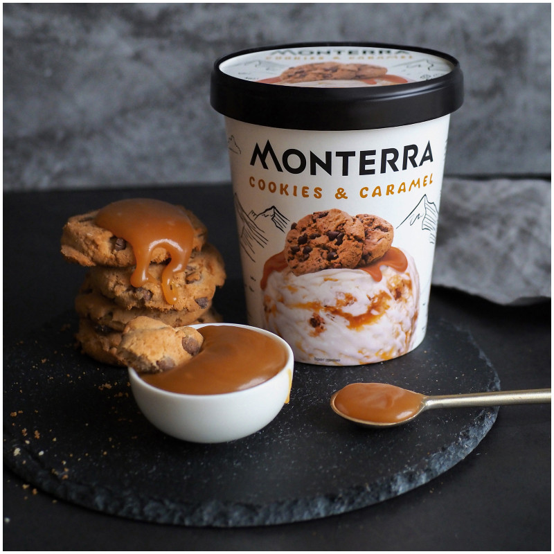 Мороженое пломбир Monterra Cookies&Caramel с карамельным соусом и кусочками печенья 12.7%, 298г — фото 1