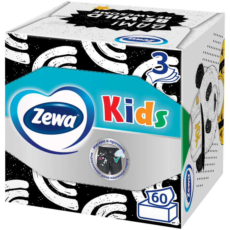 Салфетки бумажные Zewa Kids 3D Box детские для лица 3 слоя, 60шт — фото 2