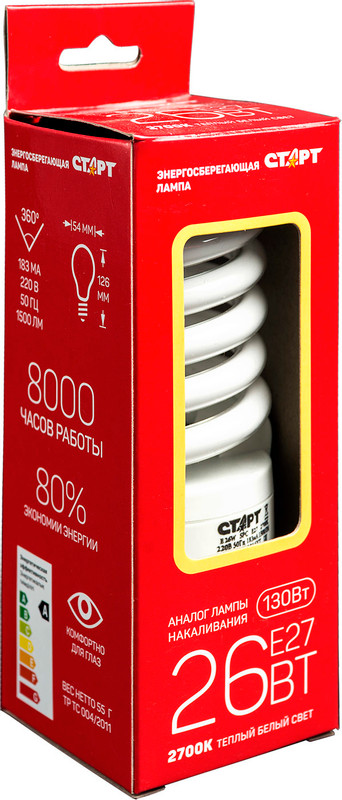 Лампа энергосберегающая Старт E 26W SPC E27 2700K энергосберегающая — фото 7