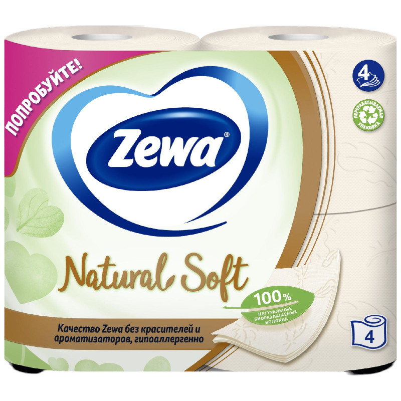 Туалетная бумага Zewa Natural Soft 4 слоя, 4шт — фото 1