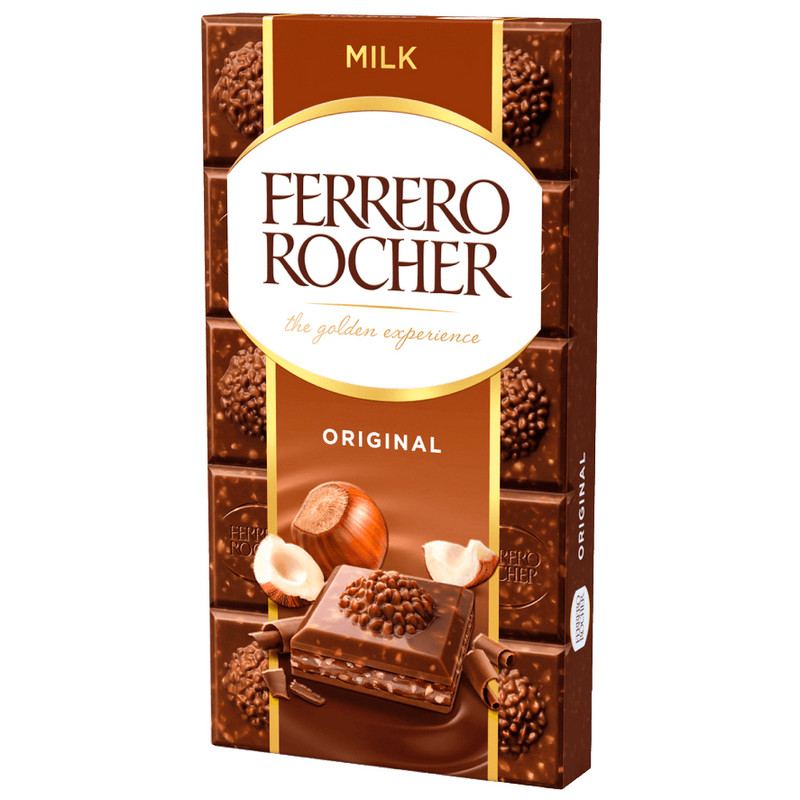 Шоколад молочный Ferrero Rocher с начинкой из лесных орехов, 90г — фото 1