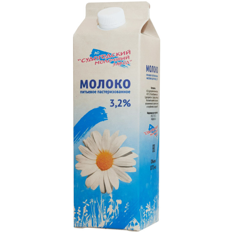 Молоко Судогодский пастеризованное 3.2%, 870мл — фото 1
