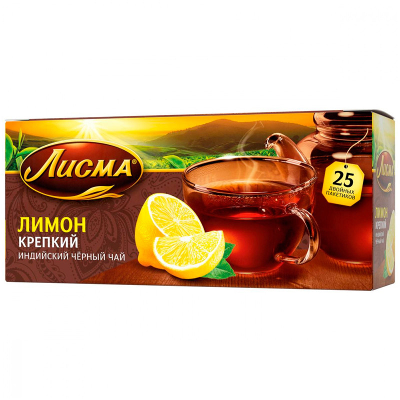 Чай Лисма Лимон чёрный байховый крепкий в пакетиках, 25х1.5г