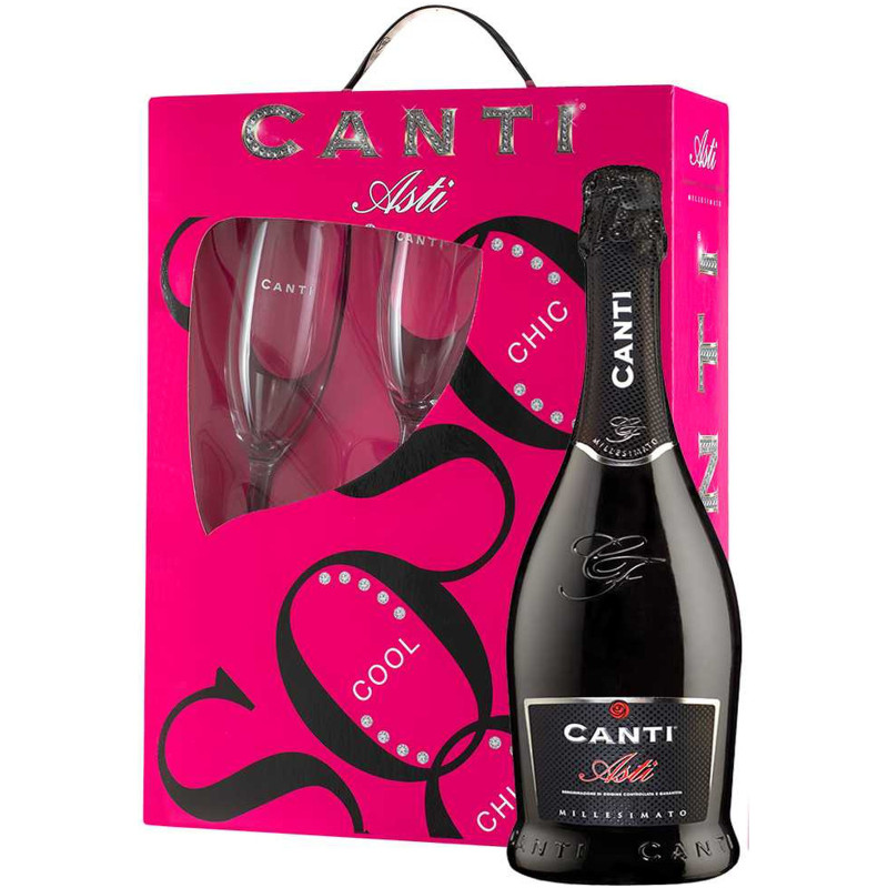 Вино игристое Canti Асти белое сладкое 7% в подарочной упаковке, 750мл + 2 бокала