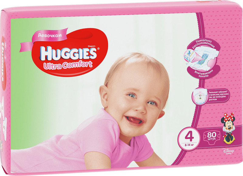Подгузники Huggies Ultra Comfort для девочек р.4 8-14кг, 80шт