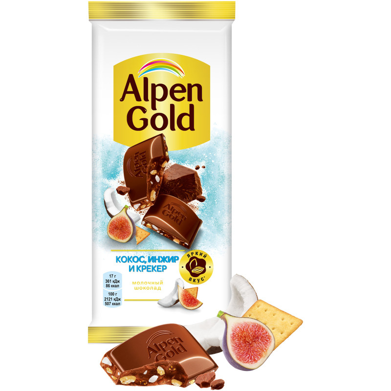 Шоколад молочный Alpen Gold Инжир+кокос и соленый крекер, 85г — фото 1