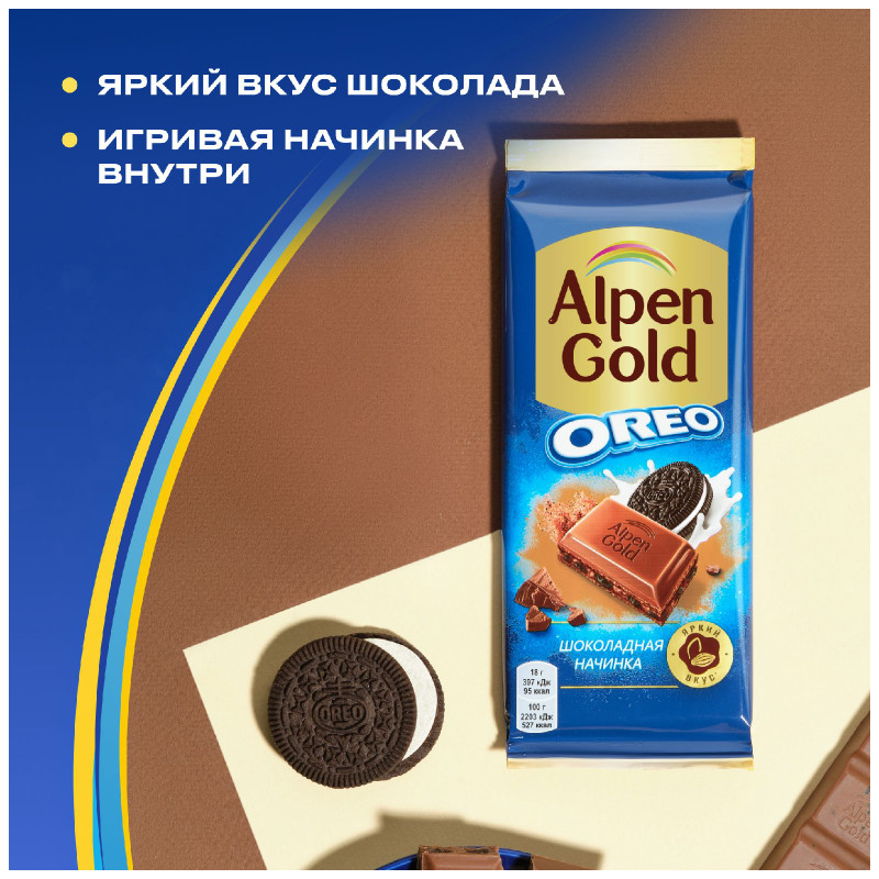 Шоколад Alpen Gold  молочный с шоколадной начинкой и кусочками печенья Орео, 85г — фото 3