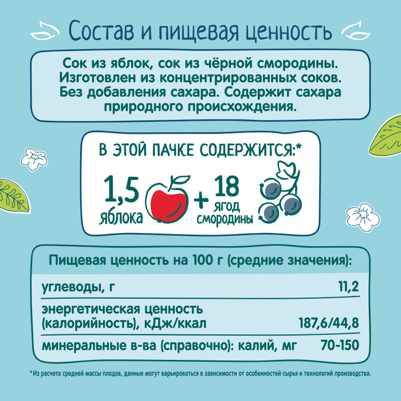 Сок ФрутоНяня яблочно-черносмородиновый осветлённый, 200мл — фото 2
