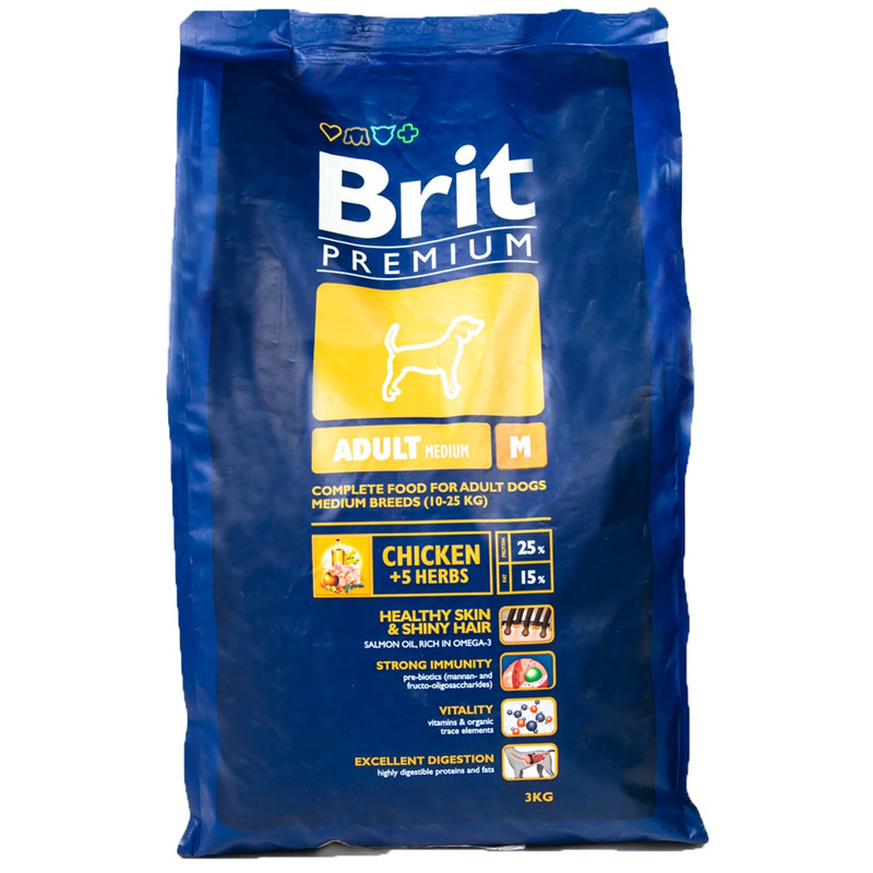 Корм сухой Brit Premium курица для взрослых собак средних пород 10-25кг, 3кг