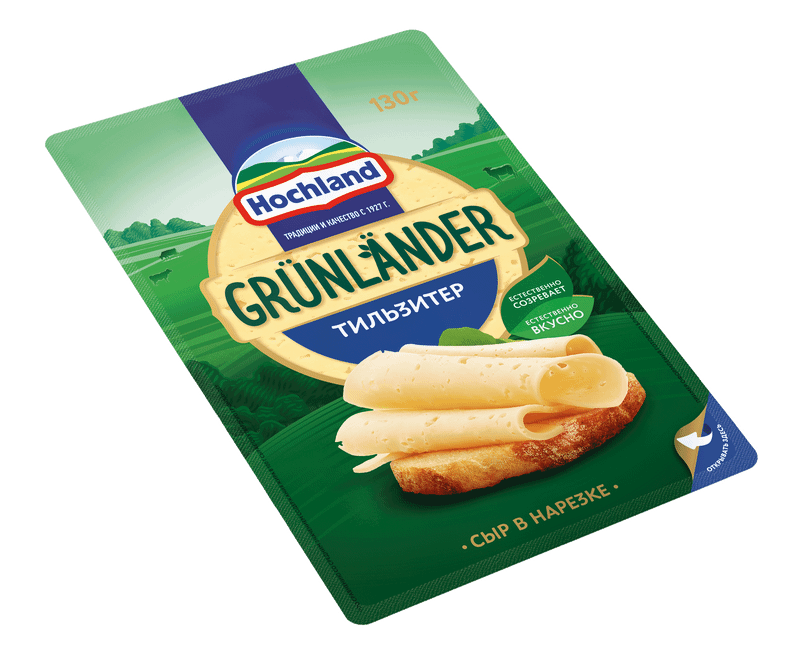 Сыр Hochland Grunlander Тильзитер полутвёрдый нарезка 45%, 130г