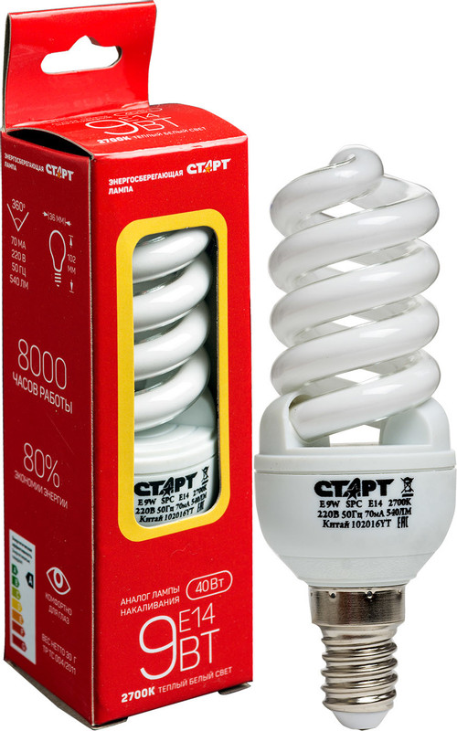 Лампа энергосберегающая Старт SPC E14 2700K 9W энергосберегающая