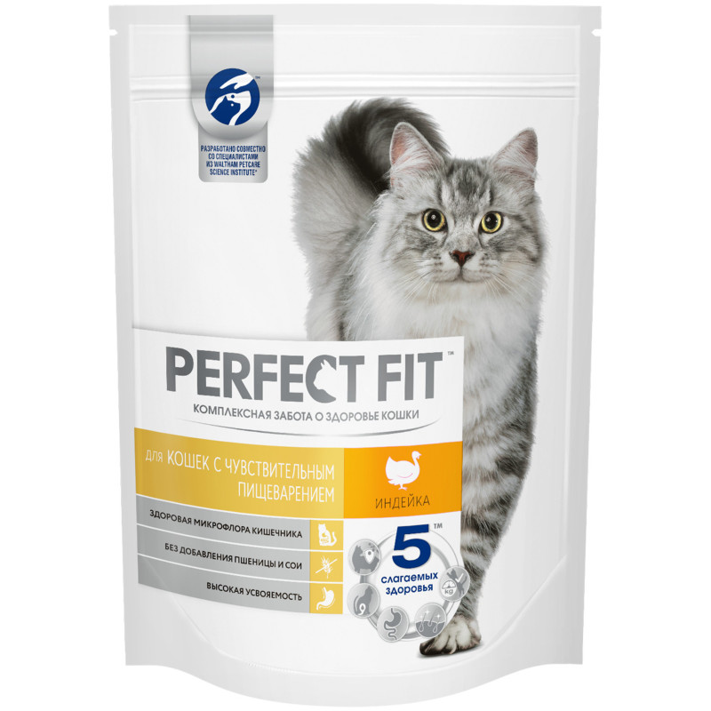 Сухой корм Perfect Fit для взрослых кошек с чувствительным пищеварением с индейкой, 190г