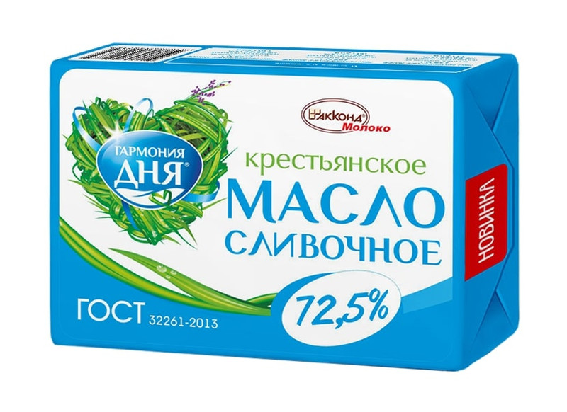 Масло сладкосливочное Гармония Дня Крестьянское несолёное высшего сорта 72.5%, 180г