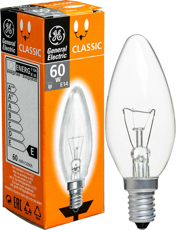 Лампа накаливания General Electric Миньон CL 60C1 E14 230V прозрачная