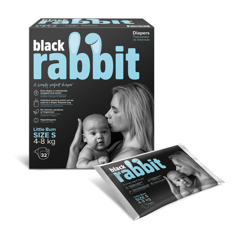 Подгузники Black Rabbit на липучках для мальчиков и девочек р.S 4-8кг, 32шт — фото 1