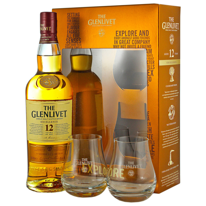 Виски Glenlivet Экселленс 12-летний 40% в подарочной упаковке, 700мл + 2 бокала — фото 1