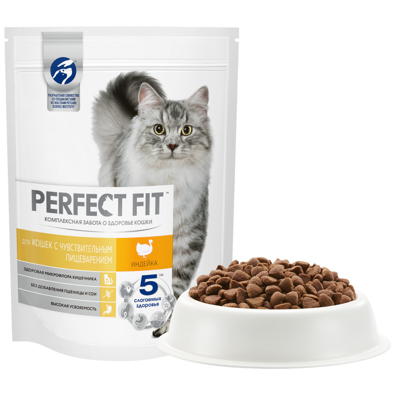 Сухой корм Perfect Fit для взрослых кошек с чувствительным пищеварением с индейкой, 190г — фото 2