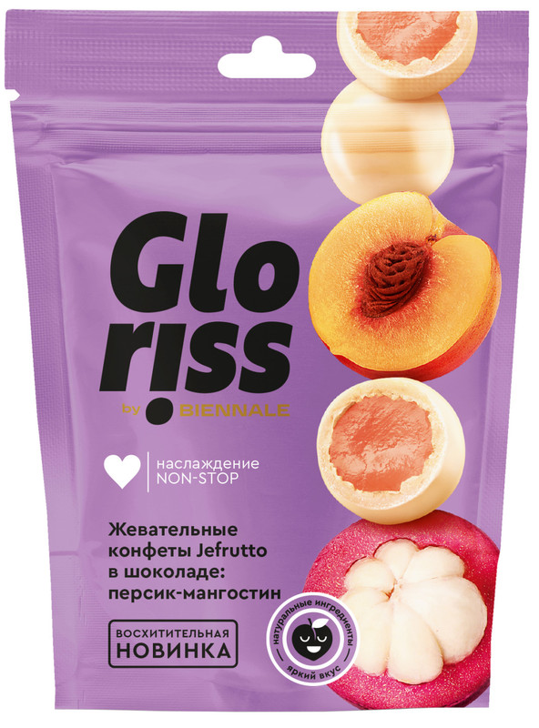 Конфеты Gloriss жевательные в шоколаде со вкусом персик-мангостин, 75г