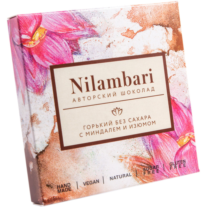 Шоколад горький Nilambari с миндалём и изюмом без сахара, 65г — фото 2