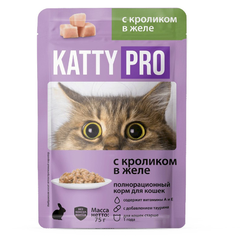 Корм для кошек Katty Pro с кроликом в желе консервированный полнорационный, 75г