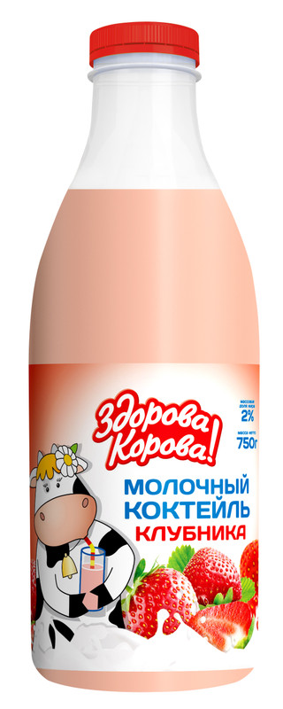 Коктейль молочный Здорова Корова клубничный пастеризованный 2%, 750мл