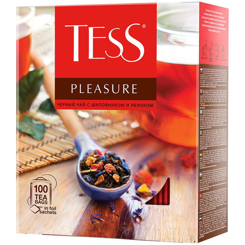 Чай Tess Pleasure чёрный байховый с шиповником и яблоком в пакетиках, 100х1.5г — фото 1