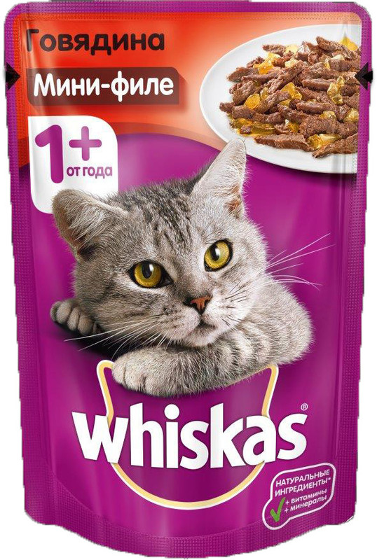 Корм Whiskas Мини-филе с говядиной для кошек, 85г