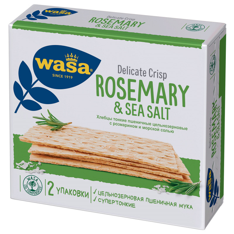 Хлебцы Wasa Delicate Crisp Rosemary & Sea salt тонкие пшеничные с розмарином и морской солью, 190г — фото 1