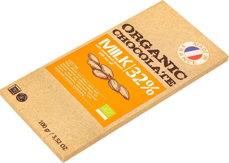 Шоколад молочный Organic Chocolate с миндалём и морской солью 32%, 100г — фото 2