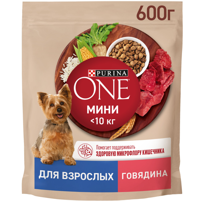 Сухой корм Purina One  для собак мелких пород с говядиной и рисом, 600г