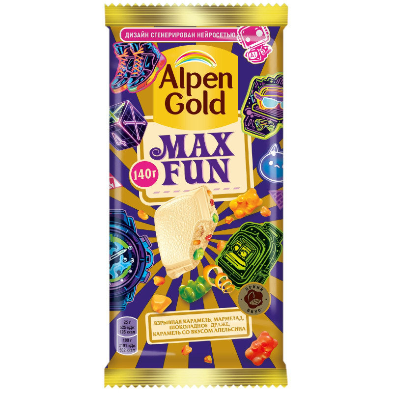 Шоколад белый Alpen Gold Maxfun взрывная карамель-мармелад-шоколадное драже-апельсин, 140г - купить с доставкой в Москве в Перекрёстке