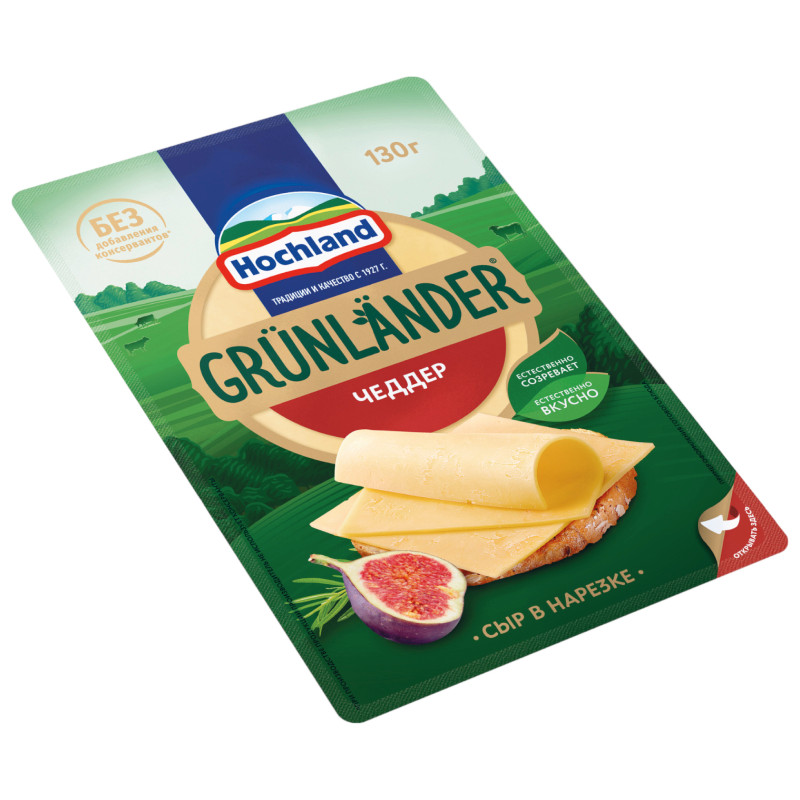 Сыр полутвердый Grunlander от Hochland Грюнландер Чеддер 50% нарезка, 130г — фото 1
