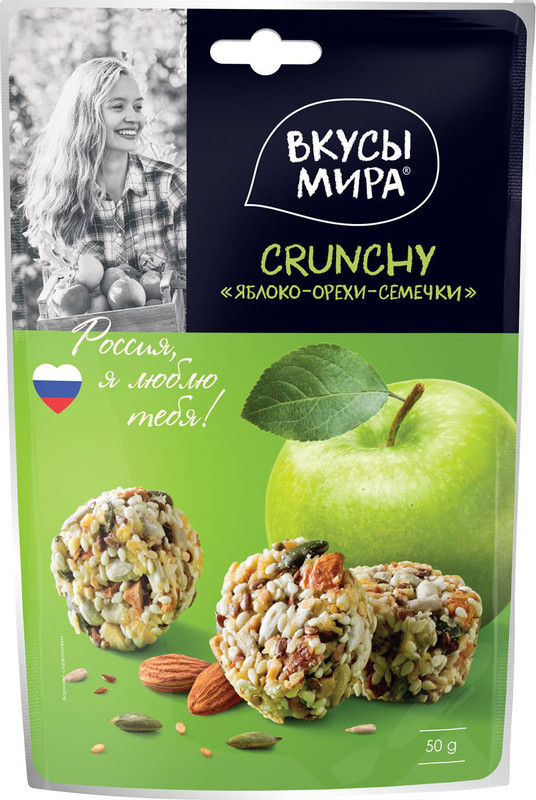 Снеки Вкусы Мира Crunchy яблоко-орехи-семечки, 50г