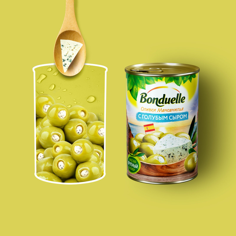 Оливки Bonduelle Мансанилья с голубым сыром, 300г — фото 3