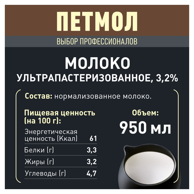 Молоко Петмол для капучино ультрапастеризованное 3.2%, 950мл — фото 1