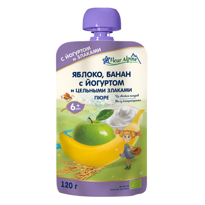 Пюре детское Fleur Alpine Яблоко, банан с йогуртом и цельными злаками, с 6 месяцев, 120г