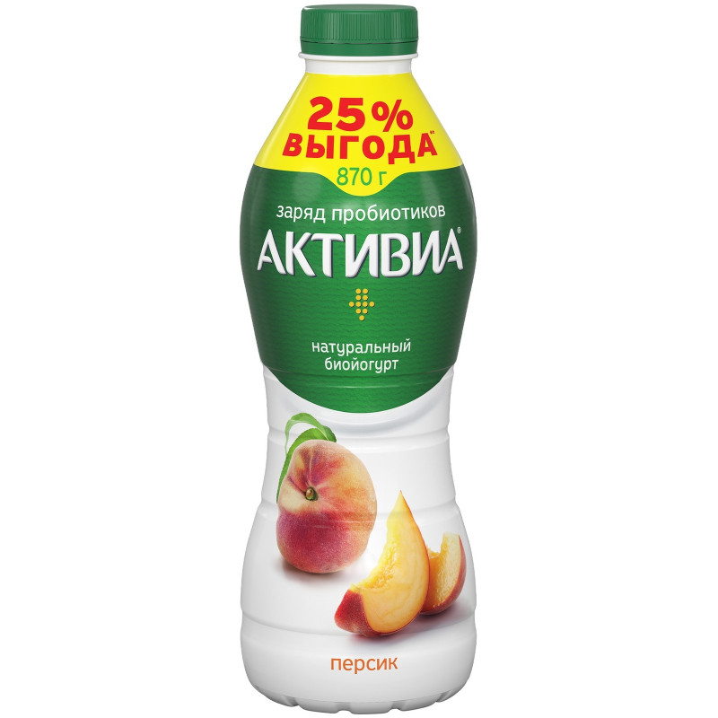 Биойогурт Активиа питьевой персик 2.1%, 870мл