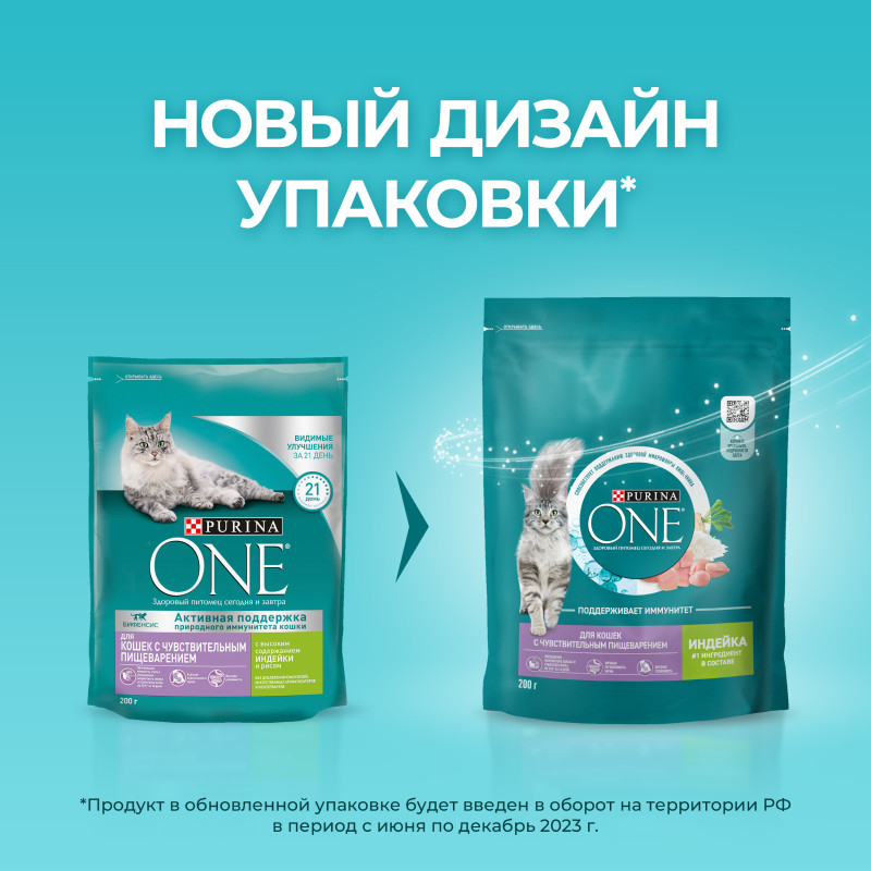 Сухой корм Purina One для взрослых кошек с чувствительным пищеварением с индейкой, 200г — фото 3