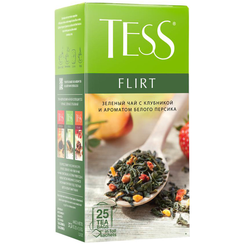 Чай Tess Flirt зелёный с клубникой и ароматом белого персика в пакетиках, 25х1.5г — фото 2