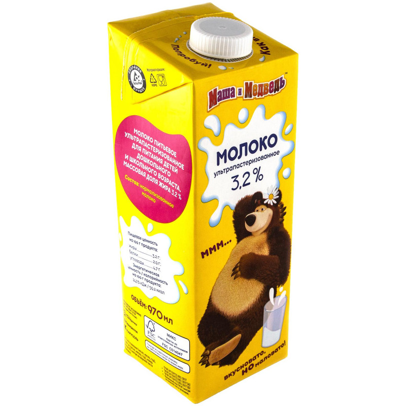 Молоко Маша и Медведь ультрапастеризованное 3.2%, 970 мл