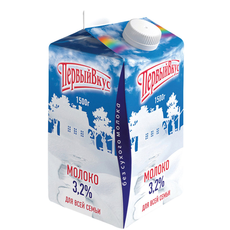 Молоко Первый Вкус Российское питьевое пастеризованное 3.2%, 1.5л