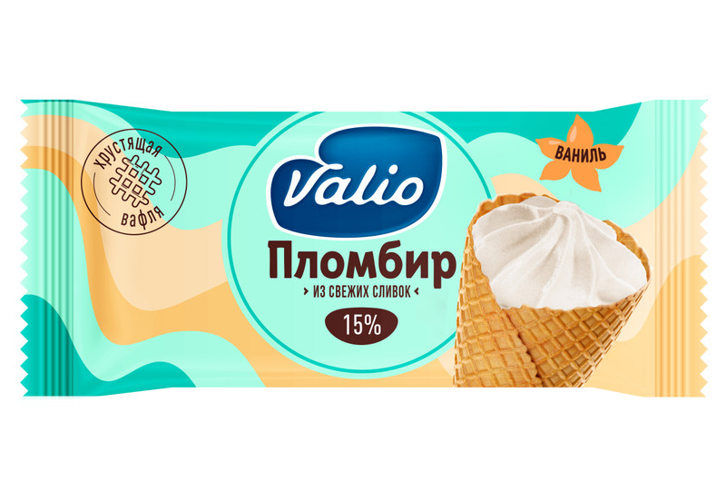 Пломбир Valio с ароматом ванили в вафельном рожке с молочным шоколадом 15%, 90г
