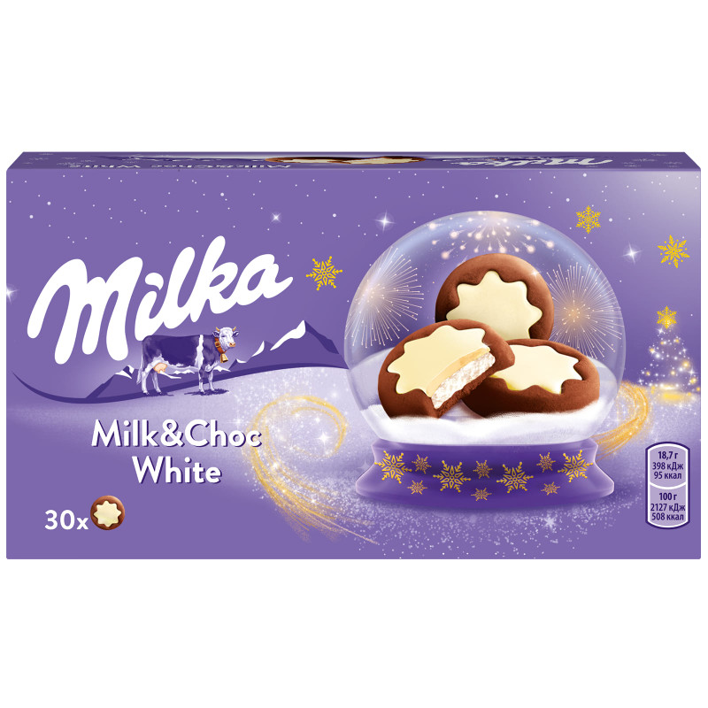Печенье Milka Milk and Choc White с молочной начинкой и какао в белой шоколадной глазури, 187г