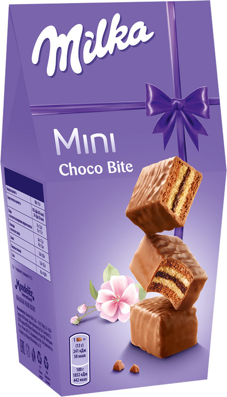 Пирожное Milka Mini Choco Bite бисквитное с начинкой с какао покрытое молочным шоколадом, 117г