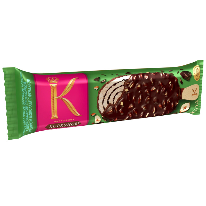 Мороженое Коркунов молочное ореховое с шоколадной прослойкой в темном шоколаде с фундуком 7.5%, 58г — фото 1