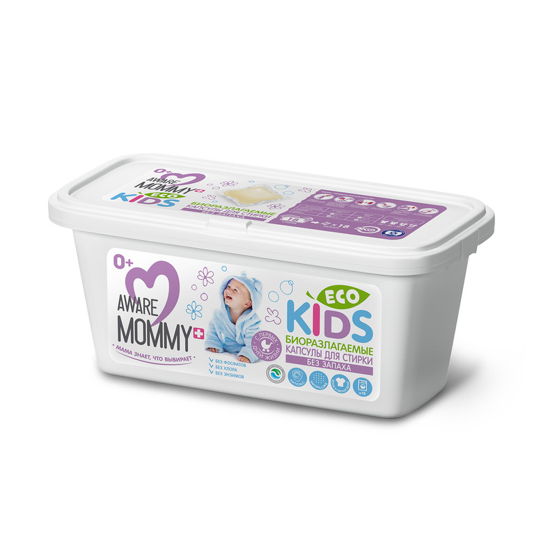 Капсулы для стирки Aware Mommy Eco Kids биоразлагаемые без запаха, 18х21г